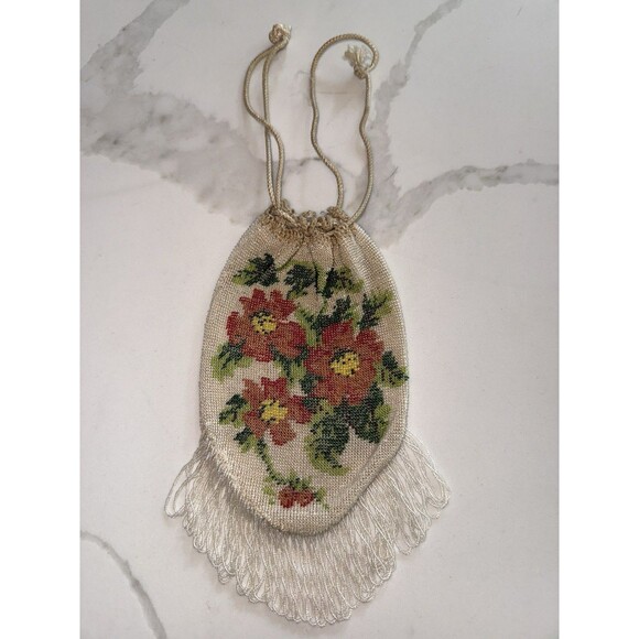 Vintage Micro Beaded Reticule Drawstring Purse Floral Flapper Evening Bag - Picture 1 of 8